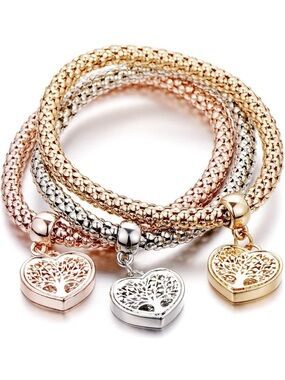 Trio-Tone Heart Tree of Life Bracelet Set - Rose Gold, Silver & Gold